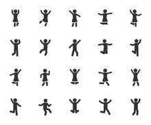 Vector Set Of Happy People Flat Icons. Contains Icons Joyful, Jumping, Dancing, Fun, Celebrating, Successful And More. Pixel Perfect.