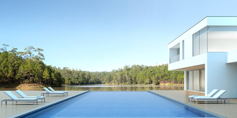 Wall Mural - 3D render of white modern house with swimming pool on lake background, Exterior with large window design.