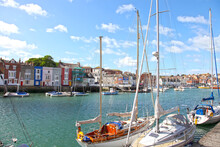 Sailing Boats In The Old Town Of Weymouth Harbour In Dorset, England, UK.