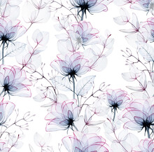 Seamless Watercolor Pattern With Transparent Rose Flowers And Eucalyptus Leaves. X-ray. Transparent Roses Of Blue And Pink Color, Background For Fabric, Wallpaper, Wrapping Paper. Vintage Design
