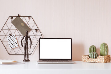 Wall Mural - Modern office desk with black monochrome accessories. Empty space, mock up. Minimal style.