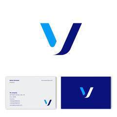 Wall Mural - V letter as volume bent figure. V illusion monogram. Blue monogram on different backgrounds. Logo can be used for web, clothes, sport or business. Business card.