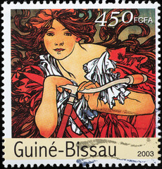 Advertising illustration by Alfonse Mucha on stamp