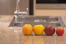 Four Australian Grown Pear And Apples On The Kitchen Table -Pear Papple - Apple Yello - Bravo Apple - Pink Lady Apple