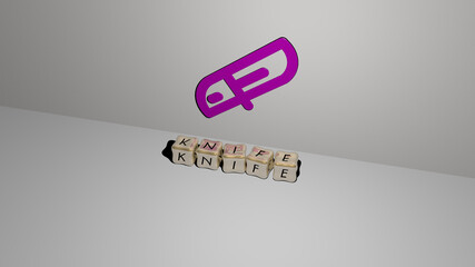 Leinwandbilder - 3D illustration of knife graphics and text made by metallic dice letters for the related meanings of the concept and presentations. background and fork