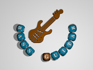 Poster - 3D graphical image of bass guitar vertically along with text built around the icon by metallic cubic letters from the top perspective, excellent for the concept presentation and slideshows.