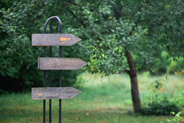 Blank wooden direction boards against green garden. Three arrows pointing right direction with empty space for text.