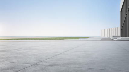 Wall Mural - Empty concrete floor and gray wall building. 3d rendering of sea view plaza with clear sky background.