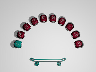 Poster - 3D representation of skateboard with icon on the wall and text arranged by metallic cubic letters on a mirror floor for concept meaning and slideshow presentation. illustration and background