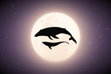 Sticker - Whales family flying in sky on moonlight night. Animal mother and baby silhouettes. Full moon in starry sky. Abstract vector illustration for use in polygraphy, textile, design, interior decor