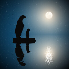 Sticker - polar bears on ice floe. animal silhouettes. moon night in starry sky