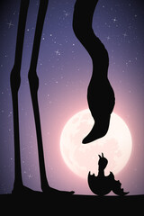 Sticker - Flamingo baby in egg. Bird family silhouette. Moon in night starry sky