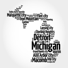 List Of Cities In Michigan USA State, Map Silhouette Word Cloud, Map Concept Background