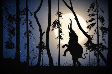 Sticker - Standing elephant in mixed forest on moonlight night. Big animal silhouette between trees. Full moon in starry sky. Vector illustration for use in polygraphy, textile, design, interior decor