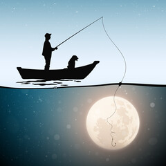 Sticker - Man with dog in boat on moonlight night. Moon and fisherman silhouette