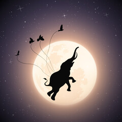 Sticker - Elephant flying in sky on moonlight night. Birds carrying big animal in starry sky. Abstract silhouettes and full moon. Vector illustration for use in polygraphy, textile, design, nursery decor