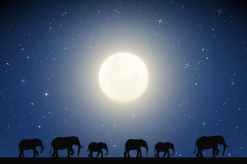 Sticker - Elephant family walking in desert on moonlight night. Landscape with big animals silhouettes in savannah. Full moon in starry sky. Vector illustration for use in polygraphy, textile, design, decor