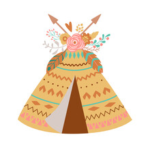 Cute Boho Teepee With Floral Bouquet, Feathes, Arrows. Tribal Baby Girl Element. Teepee Tent, Wigwam Illustration