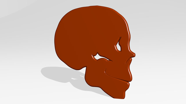 HUMAN SKELETON from a perspective with the shadow. A thick sculpture made of metallic materials of 3D rendering. illustration and background