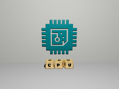 3D illustration of CPU graphics and text made by metallic dice letters for the related meanings of the concept and presentations. computer and background
