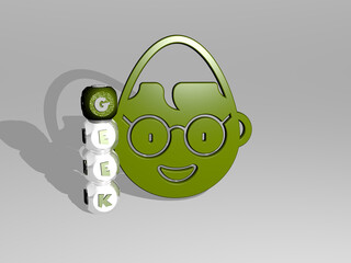 Poster - 3D representation of geek with icon on the wall and text arranged by metallic cubic letters on a mirror floor for concept meaning and slideshow presentation. illustration and cartoon