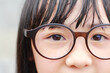 An Asian girl is wearing glasses. Short sight in an  children girl.