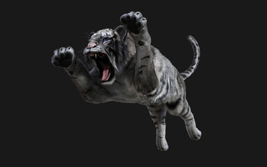 Dangerous White Tiger Roaring and Jumping Isolated on Dark Background with Clipping Path. 3d Illustration.