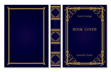 book cover and spine ornament. vintage old frames. royal golden and dark blue style design. border t