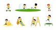 © Nizova Tina - Little asian boy plays in the playground. Concept of summer entertainment. Child plays different summer games.  Sport and recreation. Cartoon character, flat vector illustration set.
