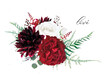 Stylish, burgundy dahlia, ivory white and red wine peony roses flowers & buds, tender asparagus green leaves, fern, astilbe, silver blue eucalyptus, berry, vector floral bouquet. Boho designer element