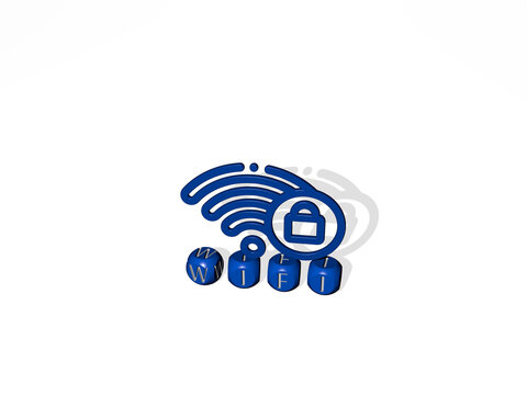 3D illustration of wifi graphics and text made by metallic dice letters for the related meanings of the concept and presentations. icon and internet