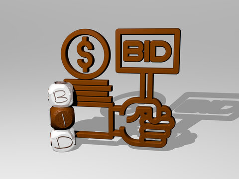 3D illustration of BID graphics and text around the icon made by metallic dice letters for the related meanings of the concept and presentations. auction and business