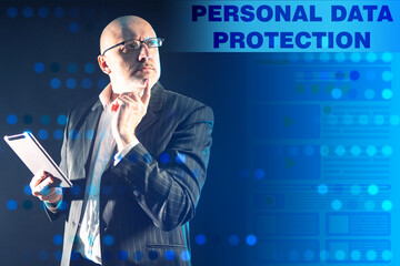 Poster - a man in a business suit with a tablet in his hands on the background of the inscription personal da