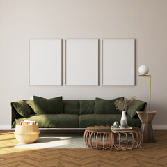 mock up poster frame in modern interior background, living room, 3d render, 3d illustration