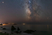 Milky Way Galaxy Shines In The Sky Above Bandon Beach In Oregon