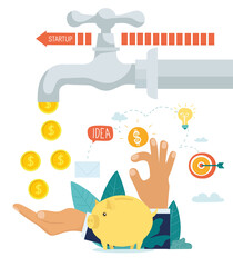 Making money and business startup concept with hands catching gold coins below a flowing faucet and placing them in a piggy bank, colored vector illustration