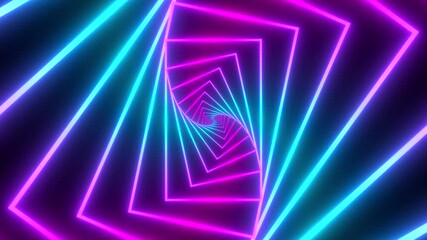 Sticker - Seamless loop animation. Minimal thin fluorescent spiral in infinite rotation. Funky holographic backdrop in retrowave style. Shiny corridor in purple, blue and pink neon colors.