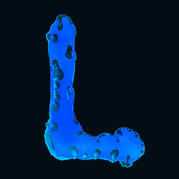 Close-up of abstract blue letter L made from blots on a black background.