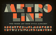Metro Line; A Vector Alphabet in the Art Deco Style with Blocky Geometric Letters and Striped Components. Lettering in Sage Green and Orange Two-tone. This Font Has a 1930s Retro Theatrical Flair.