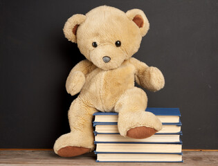 brown teddy bear sitting on a stack of books, black background