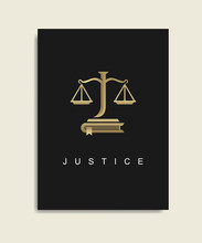 Justice Scales And Law Code Books Gold Logo. Law Judgment Punishment Order Justice. Monogram Letter J . Legal And Legislation Authority. Vector Illustration Gold Gradient