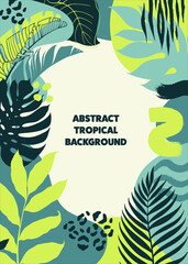 Wall Mural - Abstract background with tropical leaves, geometric figures and animal pattern.  Vector illustartion.