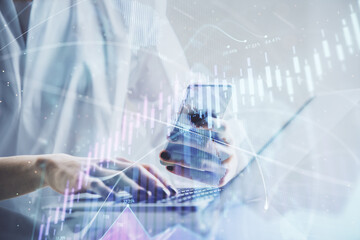 Poster - Double exposure of financial graph sketch hologram and woman holding and using a mobile device. Stock exchange concept.
