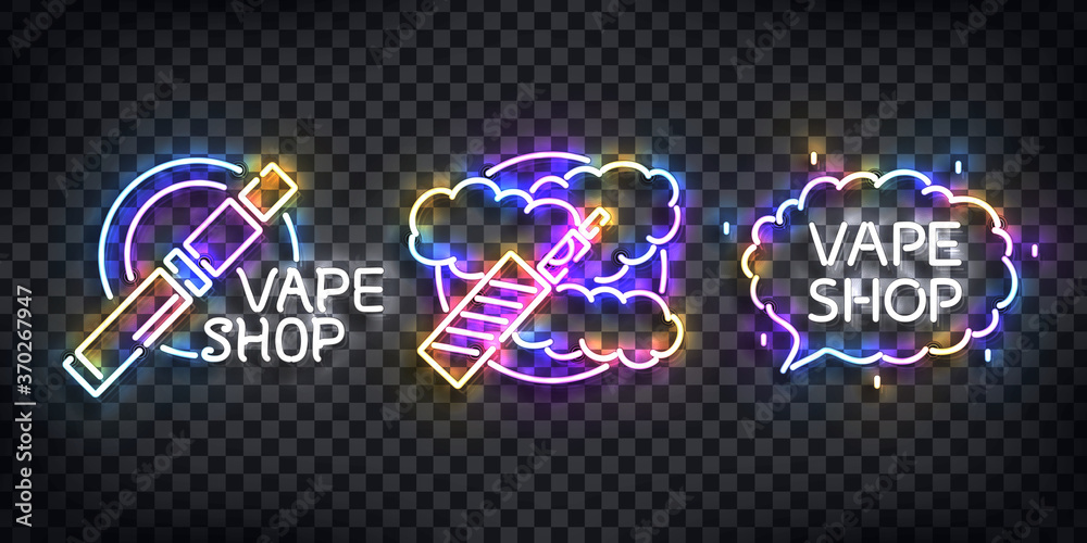 Vector set of realistic isolated neon sign of Vape Shop logo for template decoration and covering on the transparent background. Concept of electronic cigarette. Stock Vector | Adobe Stock Vector set of realistic isolated neon sign of Vape Shop logo for template decoration and covering on the transparent background. Concept of electronic cigarette. Stock Vector | Adobe Stock