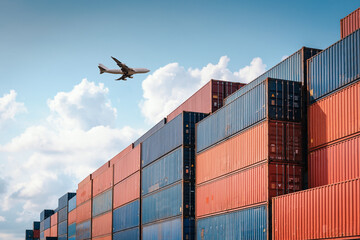 Wall Mural - Container Cargo Port Ship Yard Storage Handling of Logistic Transportation Industry. Row of Stacking Containers of Freight Import/Export Distribution Warehouse. Shipping Logistics Transport Industrial