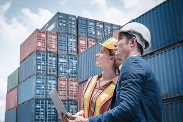 Wall Mural - Container Shipping Logistics Engineering of Import/Export Transportation Industry, Transport Engineers Teamwork Controlling Management Containers Box on Laptop at Port Ship Loading Dock. Business Team