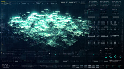 Poster - Futuristic holographic data sequence simulation of artificial neural networks intelligence analysis head up display background