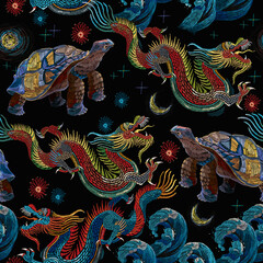  Embroidery. Chinese dragons, sea turtles and wave seamless pattern.  Oriental style. Clothes, textile design template. Asian art
