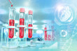 Medical 3D illustration, test-tubes vials in study office - blood sample dna test for calcium or potassium with creative overlay