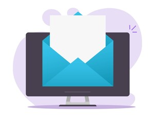 Poster - Email electronic mail letter card envelope open on desktop computer pc, newsletter online digital and blank empty document file page sheet for copy space icon vector flat cartoon symbol clipart